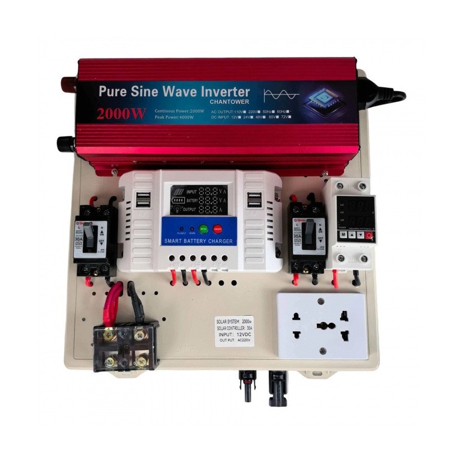 Open pre-wired solar power assembly with a separate inverter, solar charge controller, breakers, terminals and AC outlet